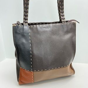 THE SAK Brown Color Block Shoulder Bag Genuine Leather Tote Purse Handbag
